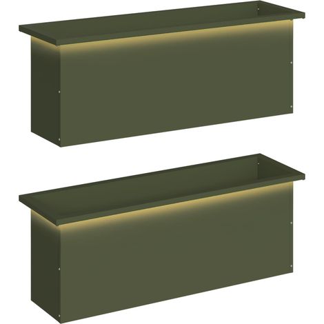Lot de 2 Jardinières de Jardin avec LED Bac à Fleurs Acier Vert Olive 30 x 100 x 30 cm (1/5)