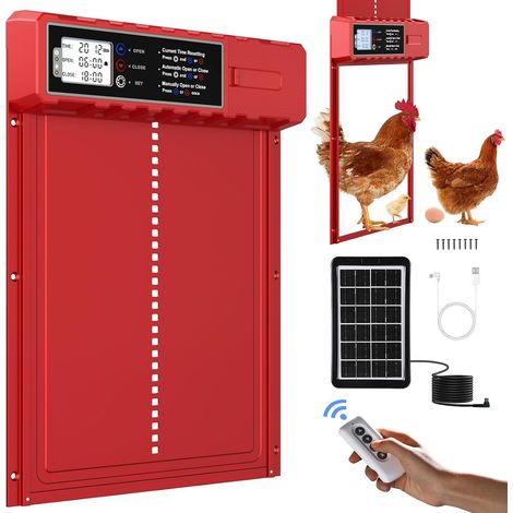 Porte Automatique Poulailler Solaire Grande Taille 27.5x36cm avec Télécommande&USB-C Cable,Porte Poulailler Rouge en Aluminium Étanche,3 Modes,Affichage LED,Sécurité Anti-Pincement,Minuterie (1/5)