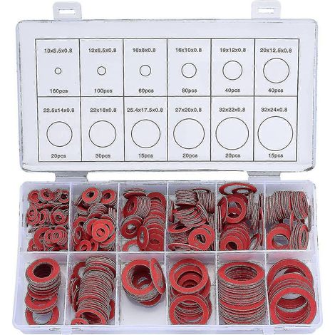 Kit de 600 rondelles en fibre assorties, 12 tailles, rondelles plates en acier rouge et papier, joint torique. (1/5)