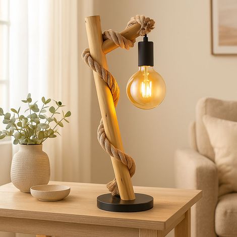 LED Tischlampe Holzleuchte Beistelllampe schwarz Hanfseil Landhaus Nachttischleuchte Rustikal Leselampe, Metall, 4W 320lm warmweiß, LxBxH 19x16,5x53,5 cm
