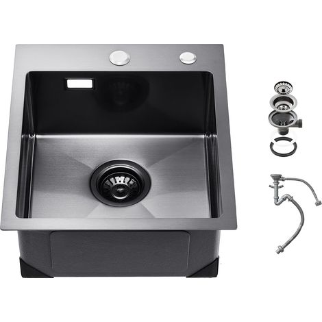 Évier de cuisine 40 cm, évier à montage par le haut en acier inox 304, évier à poser à encastrer cuve simple avec accessoires, évier de lave-vaisselle ménager pour camping-car cuisine bar, noir (1/5)