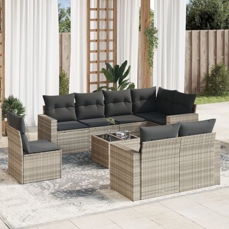 Set muebles jardín 9 pzas y cojines ratán sintético gris claro vidaXL (1/3)
