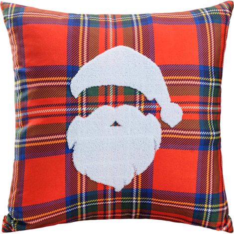 Funda de almohada navideña de 45x45 cm, de ante bordado con estampado a cuadros de Papá Noel. (1/2)