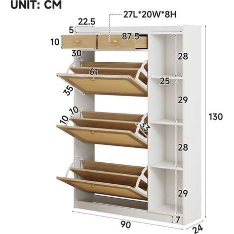 Meuble à chaussures étroit en rotin avec 3 compartiments rabattables, étagères réglables, 2 tiroirs et étagères latérales ouvertes, 90×24×130 cm (1/5)