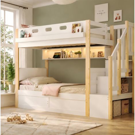 Etagenbett 90x200+90x200 cm Weiß aus Kiefernholz und MDF mit Stauraumtreppe, LED-Licht und USB-Anschluss (1/5)