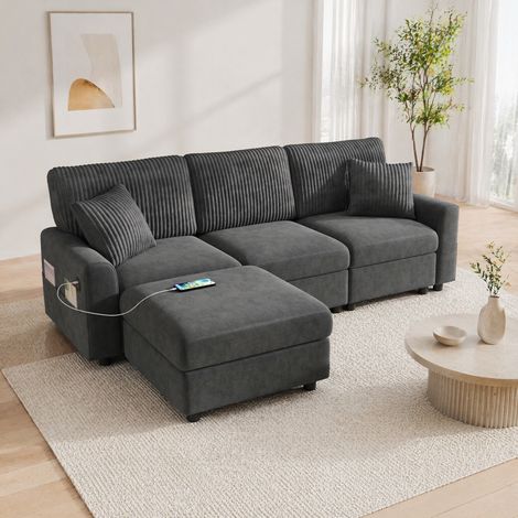 Canapé moderne 223x146x84 cm noir avec pouf, 2 coussins et ports USB/Type-C (1/5)