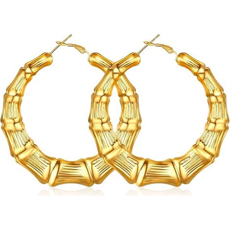 Grandes boucles d'oreilles créoles en bambou pour femme, 80 mm, épaisses et volumineuses, plaquées or/acier inoxydable/noires - Livrées dans un coffret cadeau