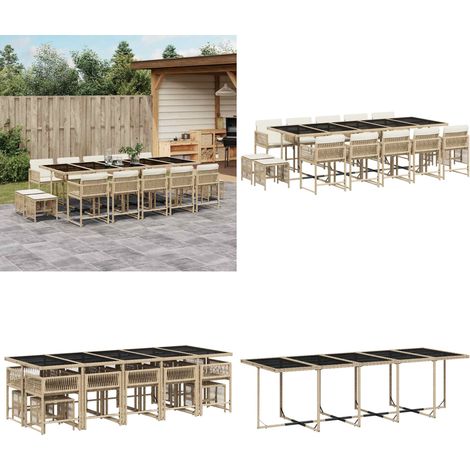 Set da Pranzo da Giardino 15 pz con Cuscini Beige in Polyrattan - Sedie da giardino - Tavolo da giardino