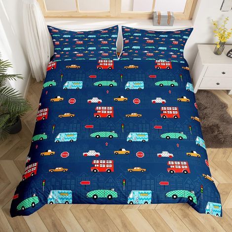Parure de Lit 200x200 Ado Garcon Voiture 2 Personnes, Housse de Couette Voiture Bleu pour Chambre d'enfant, Sets de Housses de Couettes Camion Colorée, avec 2 Taies d'oreiller 65x65 cm (1/5)