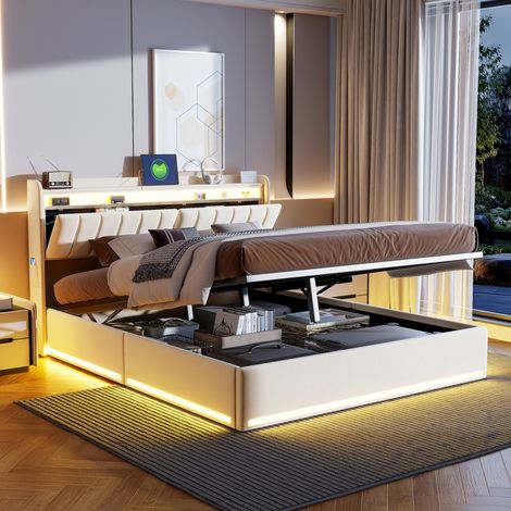 Lit 140x200 coffre, lit double, lit adulte en hydraulique, lit avec tête de rangement, avec LED et USB, Beige, Matelas non compris (1/5)