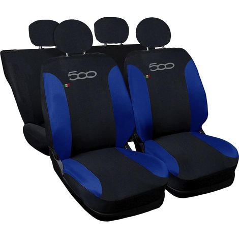 Lupex shop - Coprisedili Auto Compatibili per 500, Made In Italy, set di copri sedili anteriori e posteriori con copri poggiatesta incluso, New, tessuto poliestere, Nero - Blu Royal