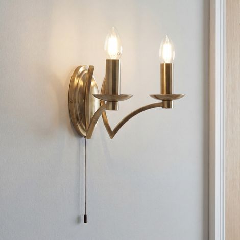 Wandlampe Metall E14 32,5 cm breit mit Schalter in Messing Antik 2-flammig Modern Wandleuchte