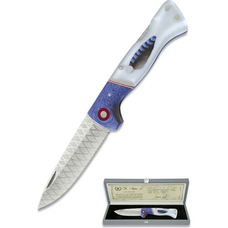 Couteau artisanal 18,5 cm – Lame acier AN-58 de 8 cm – Poignée résine osseuse avec plumes naturelles – Coffret de présentation