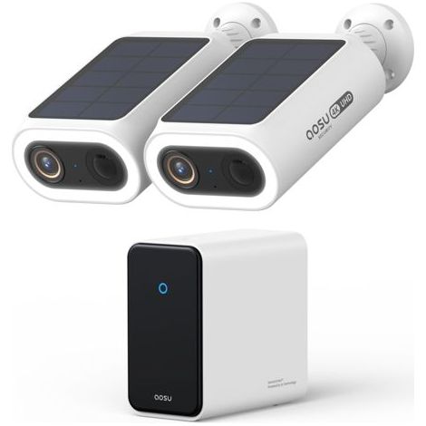 AOSU 2K Überwachungskamera Aussen Solar Akku 2 Cam-Kit mit Station Integrierte Solarplatte 0 Gebühr 32GB Lokaler Speicher AI Personerkennung Licht- & Tonalarm 2-Wege-Audio Farbige Nachtsicht IP65