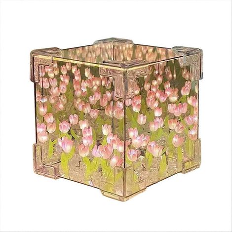 Lampe de nuit cube miroir tulipes à faire soi-même, décoration rose (1/5)