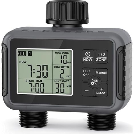 Programador de riego de 2 salidas, temporizador de riego, 2 programas independientes, control de riego programable, resistencia al agua IPX5, temporizador de agua. (1/5)