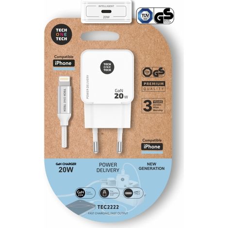 Cargador de Pared Tech One Tech TEC2222/ 1xUSB Tipo-C + Cable Lightning/ 20W/ Blanco