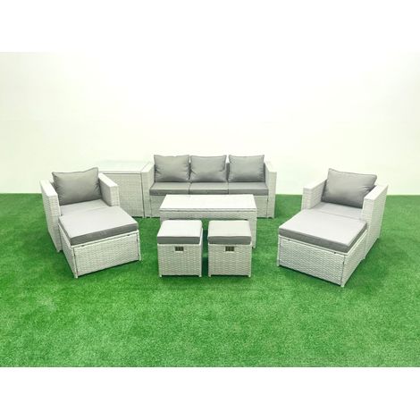 Fimous Polyrattan Gartenmöbelset mit Graue Kissen 9-Sitzer mit 2 Sesseln und Couchtisch (1/5)