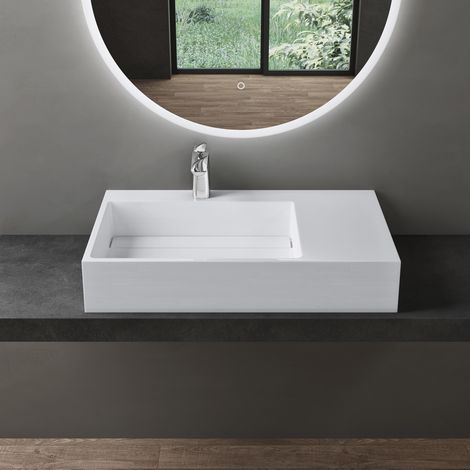 doporro® lavabo de diseño 75x43x14cm desagüe oculto Colossum12-izquierdo en blanco de mármol fundido apto como lavabo sobre encimera y lavabo suspendido (1/4)