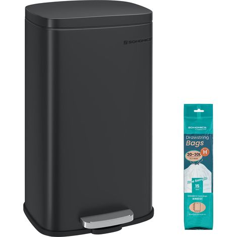 Poubelle Cuisine 30 L, Poubelle Bureau, Fermeture en Douceur, avec Pédale, en Acier, Seau Intérieur, Noir LTB03BK (1/5)