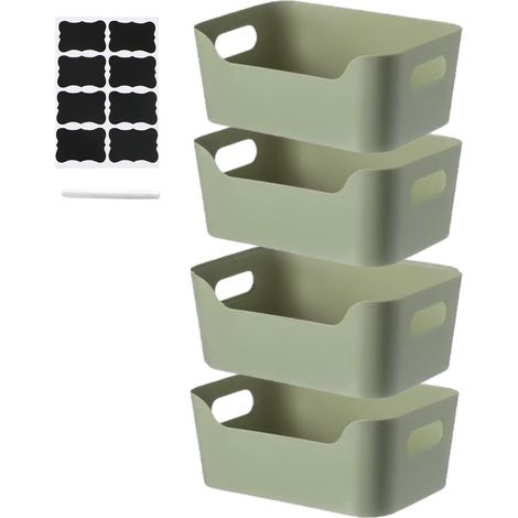 4 Storage Boxes with Handle, Low Front Storage Basket, Plastic Storage Box for Kitchen and Bathroom, Shelving and Cabinets (Green) (1/5)