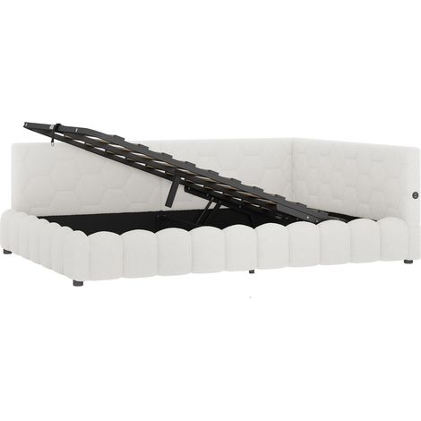 Lit banquette 140 x 200 cm avec sommier, coffre, LED, USB-C et USB, blanc (1/5)