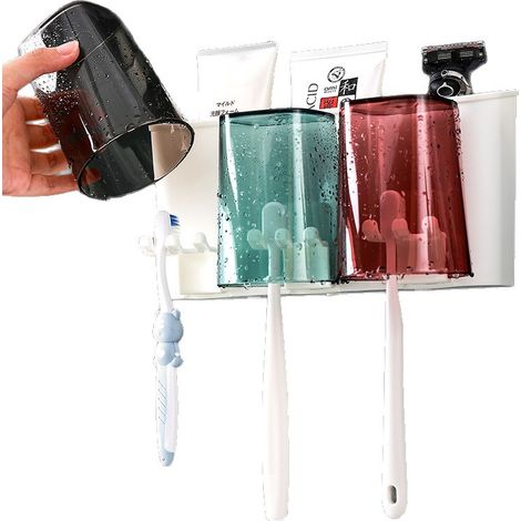 Porte Brosse à Dents Mural avec 3 Tasses, Porte-Brosse à Dents Auto-Adhésif 24x12.5x12cm (1/4)