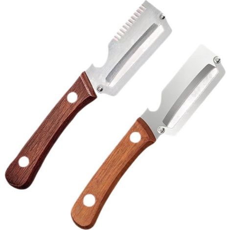 Éplucheur multifonction 2 pièces – Lame en acier inoxydable avec manche en bois pour pommes de terre, fruits, asperges et julienne (1/5)