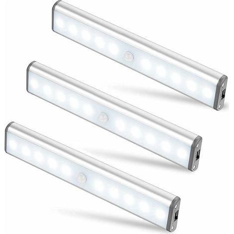 Lot de 3 Lampes 10 LED, Sans Fil, Rechargeable par USB, Aimanté, Détecteur de Mouvement, 2 Modes d’Éclairage, Portable. Lumière de Placard, Baladeuse de Secours, Veilleuse Enfant, Appoint … [Cl (1/5)