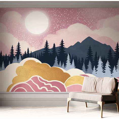 Papier peint autocollant décoratif à motifs pour salon chambre et bureau Tapete adhésif pour décoration Coucher de soleil rose 312x219 cm (1/5)