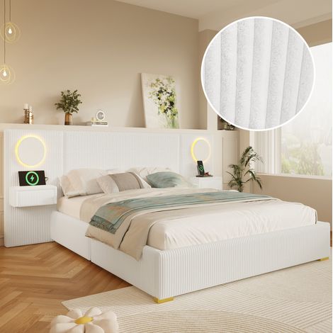 Letto 180x200 cm in velluto con LED, porte USB e comodini, beige HAVRYA (1/5)