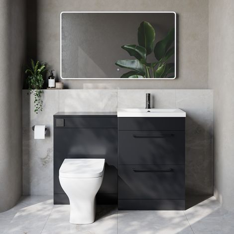 Napoli 390 Cento Gloss Grey 1200mm 2 Drawer Vanity Unit Toilet Suite with Glide Basin - 1200mm - Matt Black 320mm HandleWith Kingston Toilet Pan and Seat