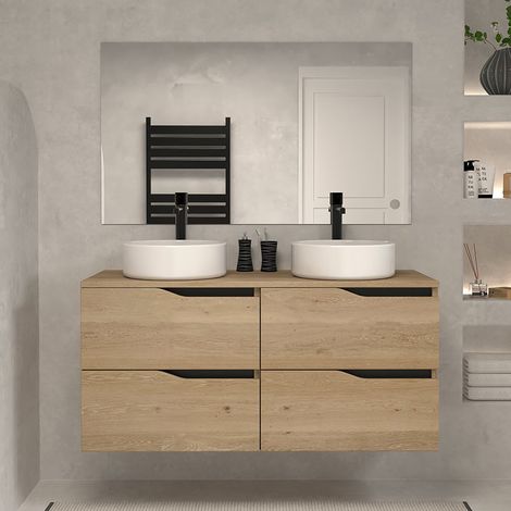 Meuble de salle de bain 120 avec plateau et 2 vasques à poser - 4 tiroirs - madera miel (bois clair) - LUNA (1/5)