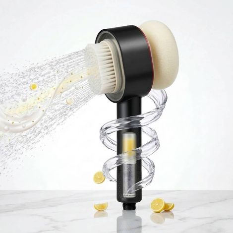 Pommeau de Douche avec Filtre, Douchette Haute Pression 3 en 1, 2 Brosses Magnétiques et Cartouche Filtrante Charbon Actif pour Salle de Bain (Citron-Noir) (1/5)