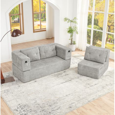 Divano letto modulare 2 posti con poltrona, senza montaggio, tessuto grigio chiaro HAVRYA (1/5)