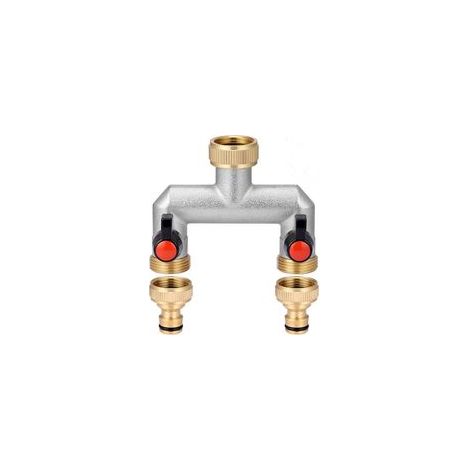 Robinet en laiton à double sortie et à deux voies pour deux tuyaux/appareils de jardin, distributeur d'eau à deux voies de 3/4" avec vanne à bille pour régler et couper le débit d'eau. (1/4)
