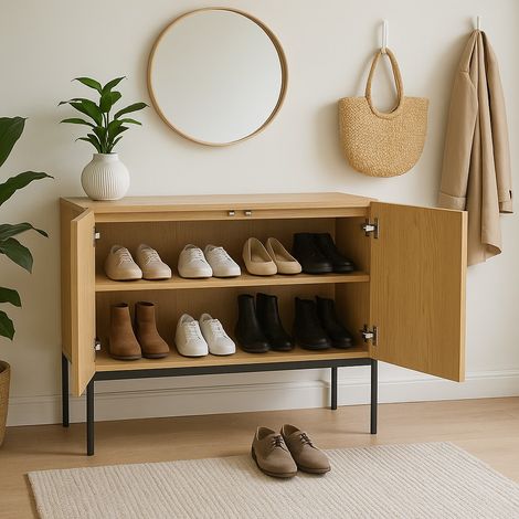 URBAN MEUBLE Meuble à chaussures avec 2 portes et pieds en métal, design linéaire 100x40x70 cm (1/5)
