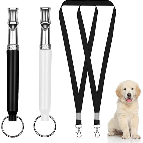 Lot de 2 Sifflets pour Chien, Sifflets de Dressage avec Lanière pour Rappel et Anti-aboiements pour la Plupart des Races (Noir, Blanc) (1/5)