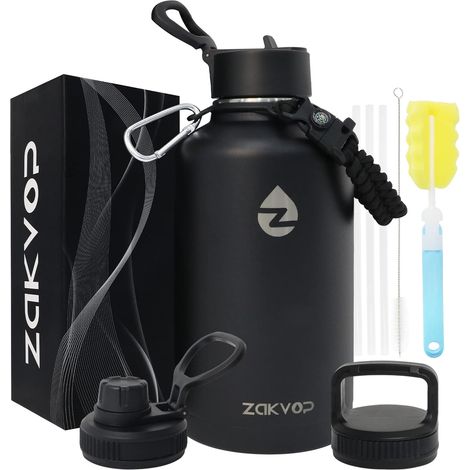 Gourde Isotherme 2l,Bouteille Isotherme avec Pailles et 3 Couvercles Acier Inoxydable Sans BPA Double Paroi avec Poignée en Paracorde,3 Bouchons et Brosses,Gourde 2L Isotherme pour Sport Voyage (1/5)