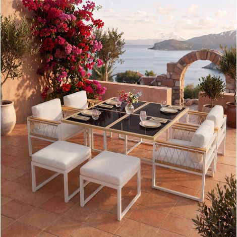 Mesa comedor exterior 6 plazas con sillones y ratán HAVRYA (1/5)