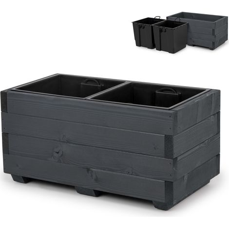 Blumentopf aus Holz mit zwei herausnehmbaren Einsätzen, imprägnierter Pflanzkasten für Balkon, Garten oder Terrasse, 62 x 33 x 32 cm – anthrazitfarben (1/5)