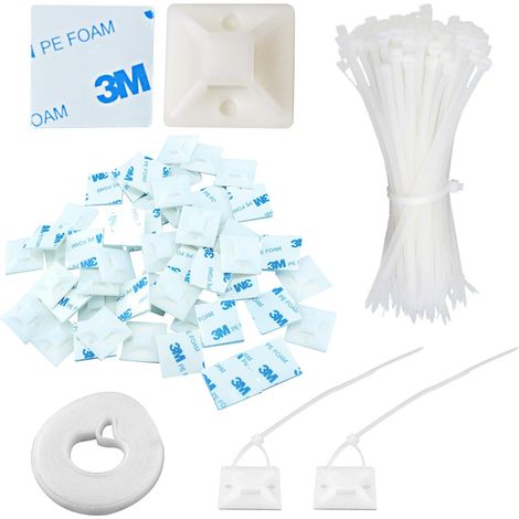 Cable Management, 100 Pièces Serre Câble Plastique Blanc, 70 Pièces Collier de Serrage Plastique Supports Embase Adhésive(2,8 cm × 2,8 cm), 2,5 M Attache Câble en Nylon Adhésif Réutilisable (1/5)