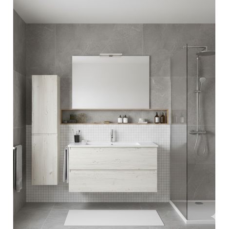 Ensemble Meuble de salle de bain LOKI Livré Monté 2 tiroirs avec pieds, lavabo et miroir Blanc nordique 120x45 cm 1 vasque avec colonne (1/2)