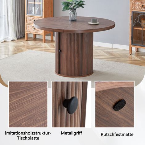 Table ronde en bois effet chêne avec rangement, 115 cm, piètement central à placard, table à manger scandinave pour 4 à 6 personnes, design moderne (1/5)