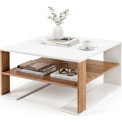 Table Basse, Table d’Appoint Carrée avec Rangement, Plateau Spacieux, Étagère Ouverte, Patins Antidérapants, 75 x 75 x 40 cm, Blanc (1/5)