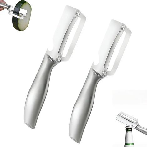 Pelador de 3 piezas, pelador de patatas de acero inoxidable con mango de plástico, pelador de verduras multifuncional 2 en 1 y abridor botellas (1/5)