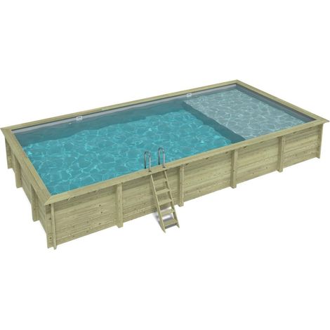 Piscine en bois AQUA 10.2 x 5.2 - H.1.45 m avec plage, gris clair, fixations à sceller (1/5)