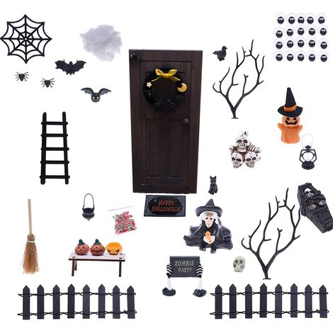 Halloween Décoration de maison de poupée miniature : figurines en bois 3D peintes à la main découpables avec accessoires pour décoration de table maison de poupée miniature scène de jardin décorateurs