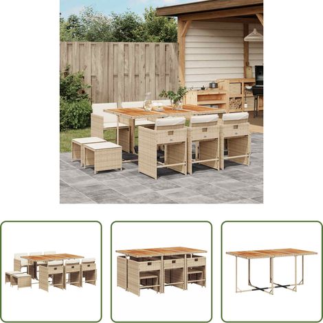 Gartentisch - 11-tlg. Garten-Essgruppe mit Kissen Beige Poly Rattan (1/5)