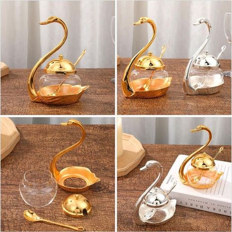Set per zucchero e spezie “Swan”, realizzato in lega di zinco e vetro, in stile europeo, adatto per hotel, con scatola decorativa per sale e spezie. (1/4)